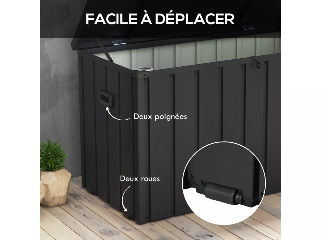 Coffre de rangement jardin capacité 450L - vérin à gaz, roulettes, poignée - acier PP anthracite