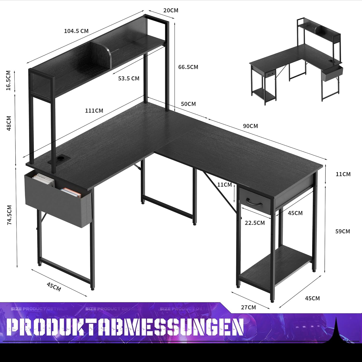 Yansee L-förmiger Schreibtisch, Gaming-Tisch Mit LED, 140×110cm Reversibel Schreibtisch L Form Mit Steckdosenleiste, Eckschreibtisch Eckschreibtisch Mit Aufsatzregal, Schwarz