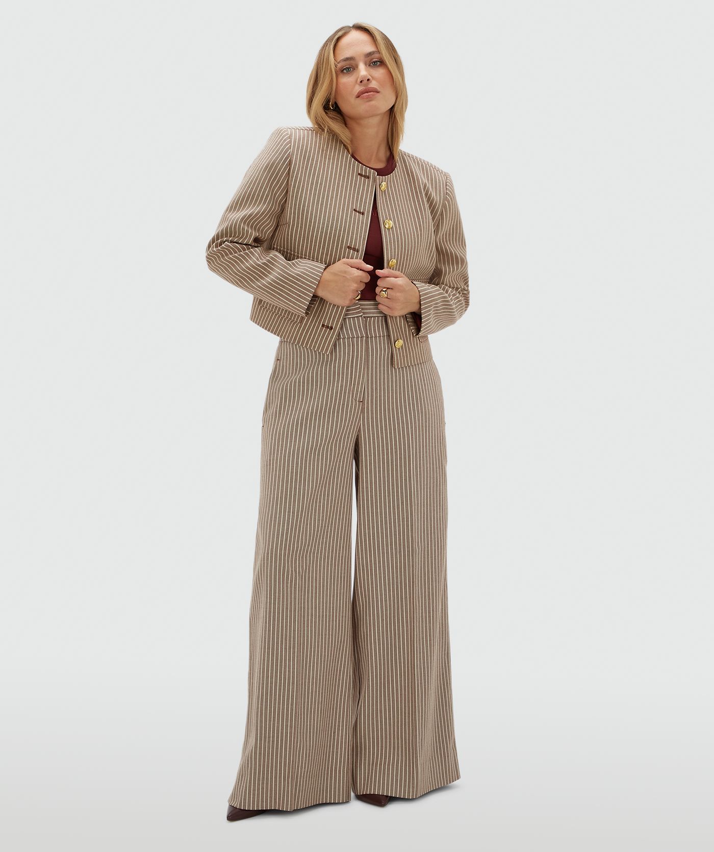 JV-SCOUT high waisted wide leg pantalon met strepen - burgundy stripe