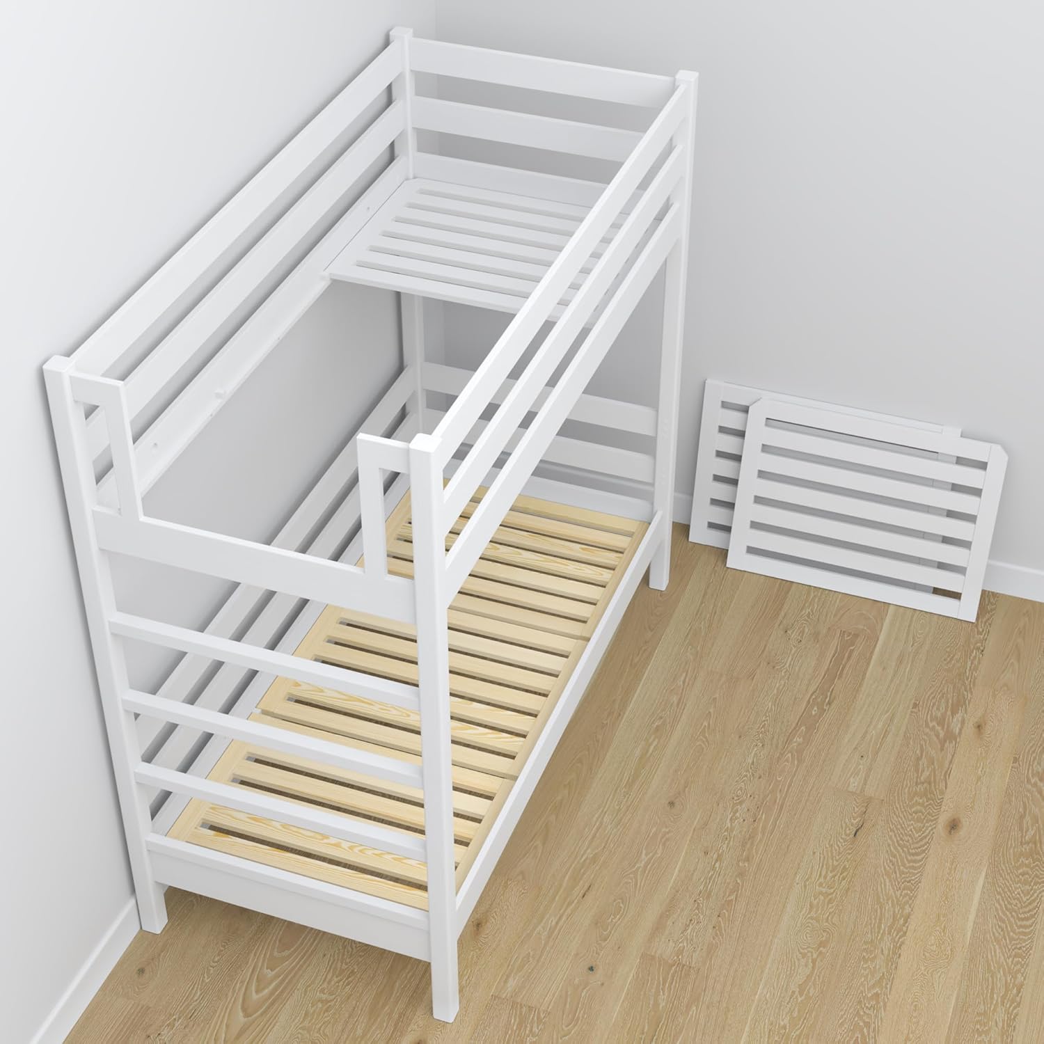 N03 Etagenbett 90x200 cm, Kinderbett mit Leiter, 2 Leitermontageseiten: Links oder rechts, sichere abgerundete Kanten, Stabile Massivholzkonstruktion, Hochwertige Materialien, Weiß