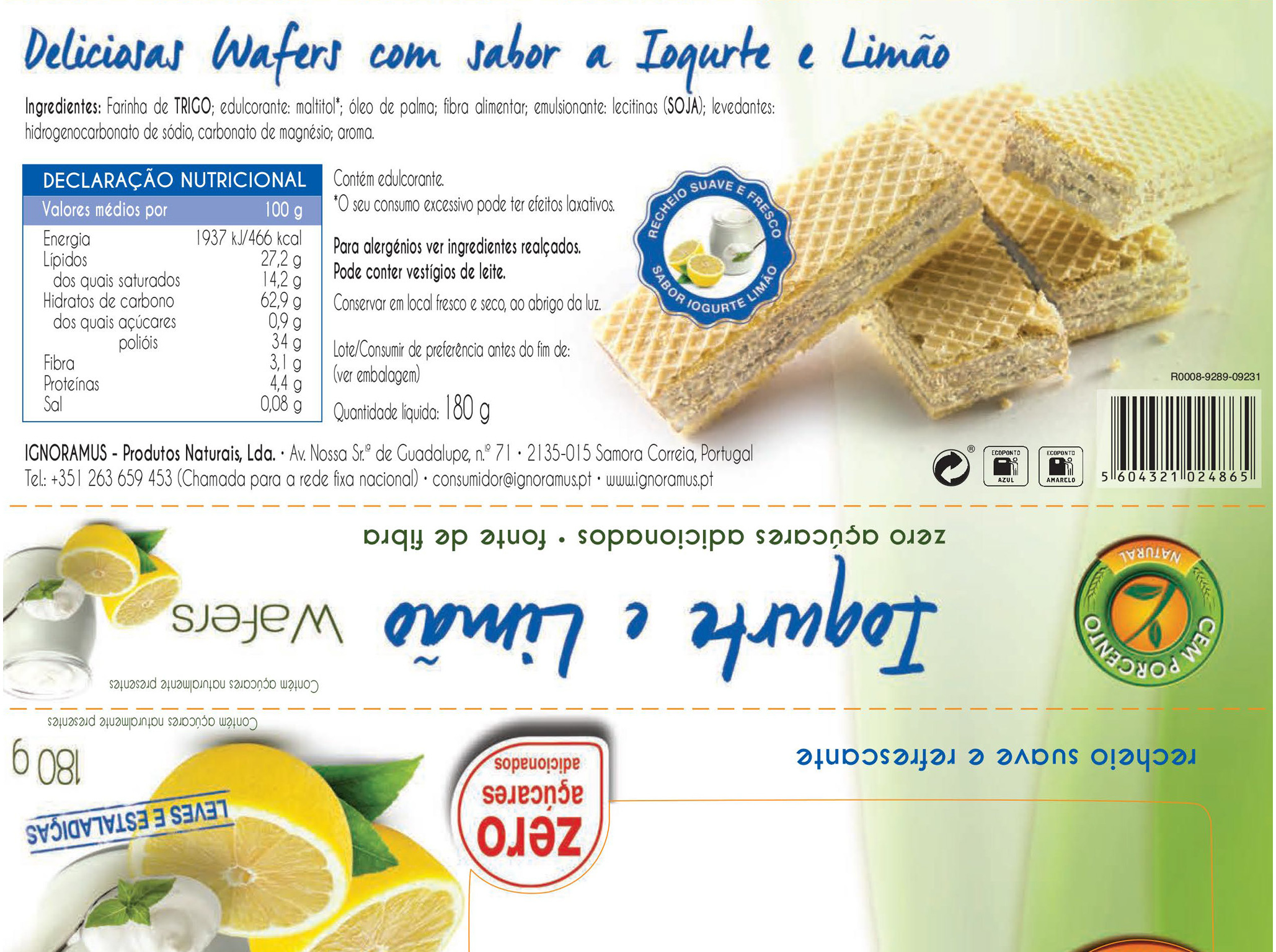 WAFER CEM PORCENTO IOGURTE LIMÃO SEM AÇÚCAR 180G