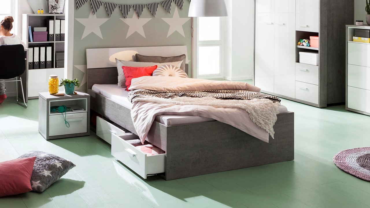 Opbergbed Mipiace met laden concrete/white