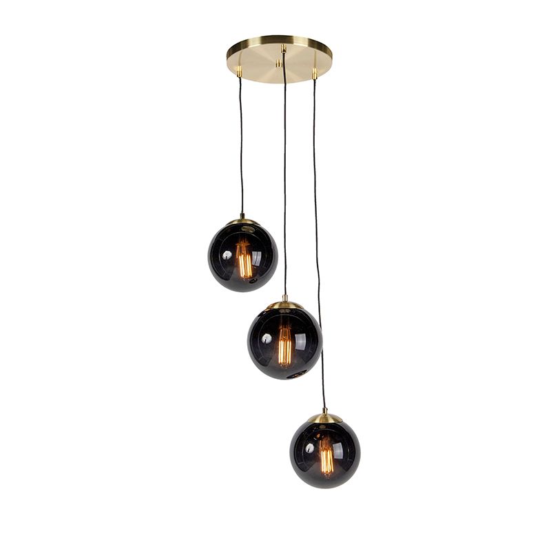 Art deco hanglamp messing met zwart glas 3-lichts - Pallon