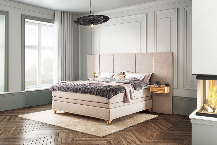 Majestic Crown kontinentalseng Tekstil 030/031 beige. 210x210 cm med Majestic overmadrass og Exact funksjon. Medium/Fast. Eicon ben sort. Uten hodegavl