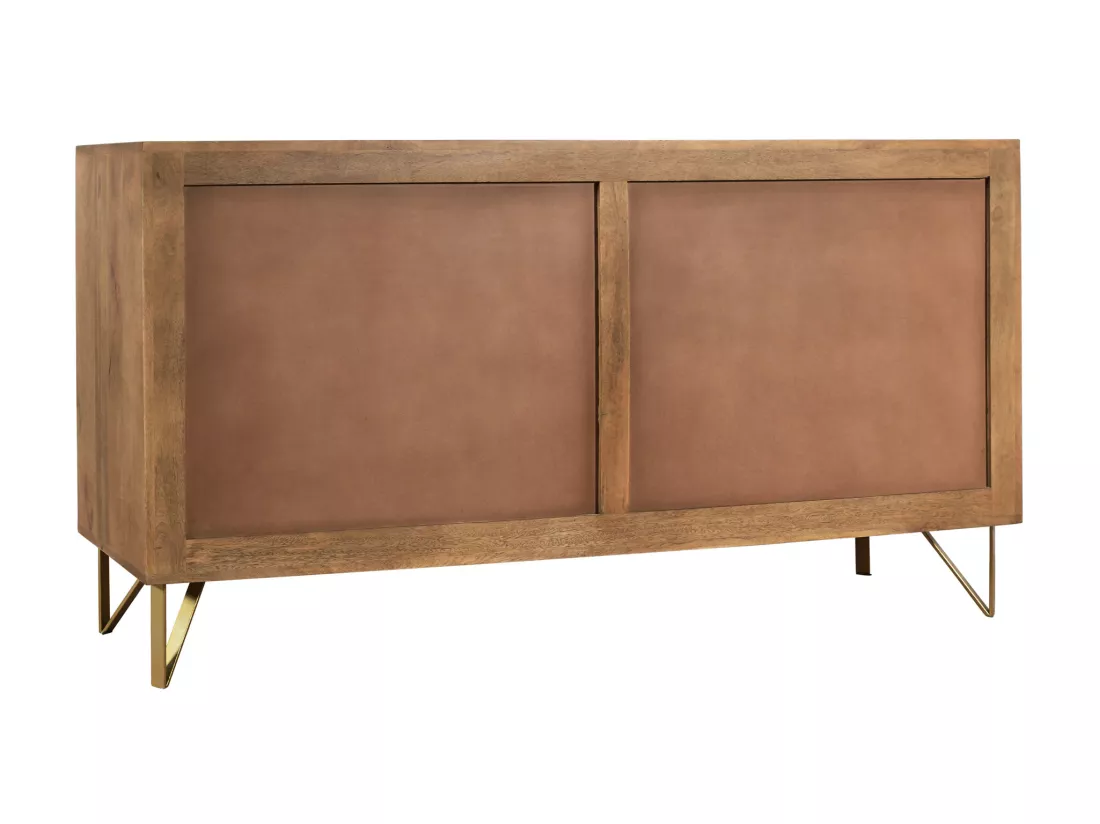 Buffet avec 2 portes et 3 tiroirs en bois de manguier et métal - Naturel foncé et Doré - BELORI