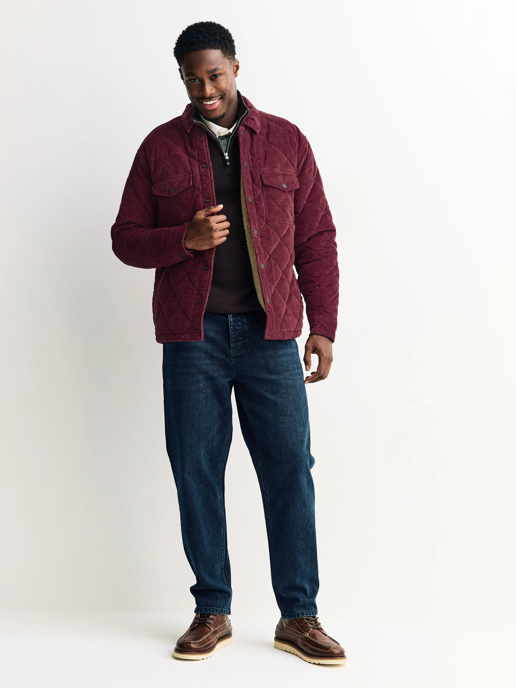 Bordeauxrood - Borg Lined Diamond Quilt Corduroy Shacket