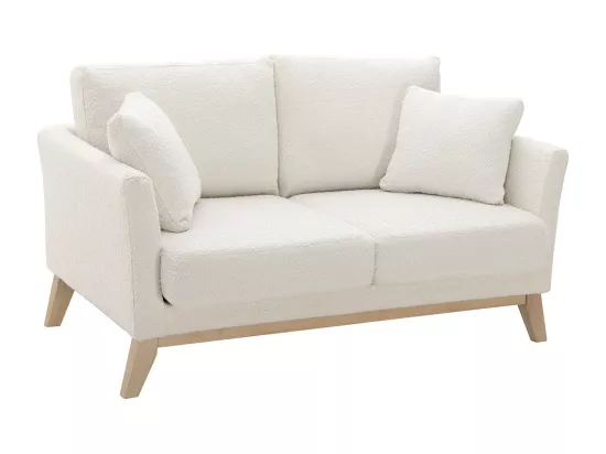 Canapé scandinave déhoussable 2 places en tissu effet laine bouclée blanc cassé et bois clair OSLO