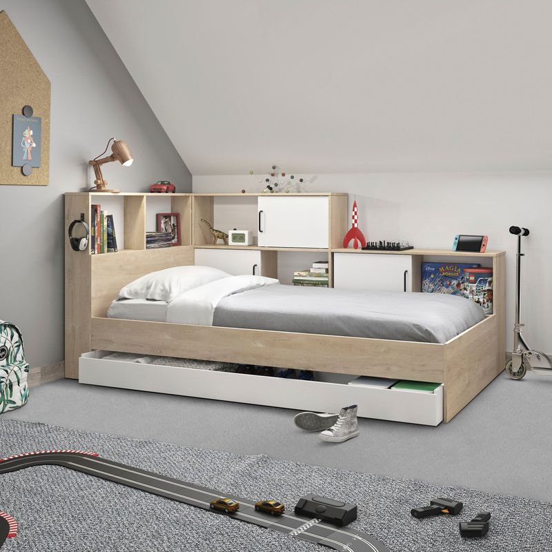 CaliCosy - Erwan - Bed - Licht Hout - Wit - Opbergmogelijkheden