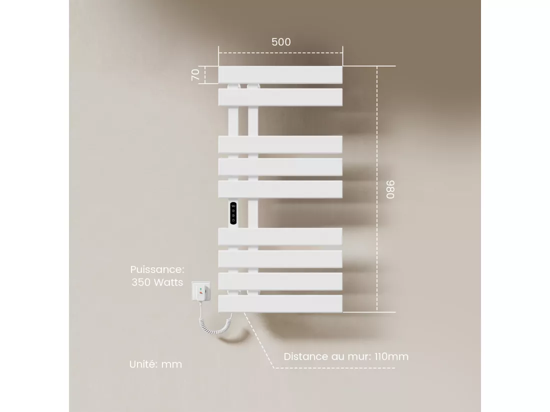 EMKE Sèche-Serviettes Électrique de salle de bain 1000 x 500 mm, Porte-serviettes chauffant électrique, Blanc 350W,Chauffe-serviettes Électrique