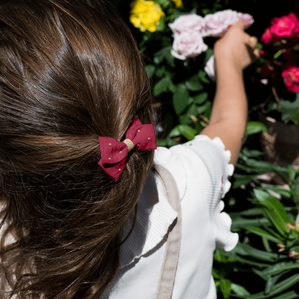 Petite Barrette Double Noeud Croisé Gaze Pois Or Grenat