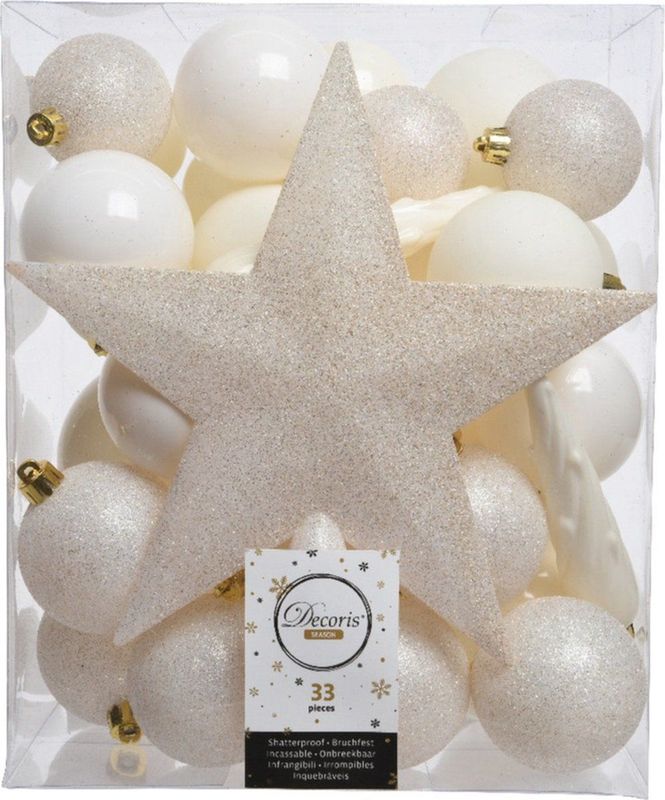 Decoris - Kerstballen Set - 34-dlg - Wol Wit - Incl. Piek - Kunststof