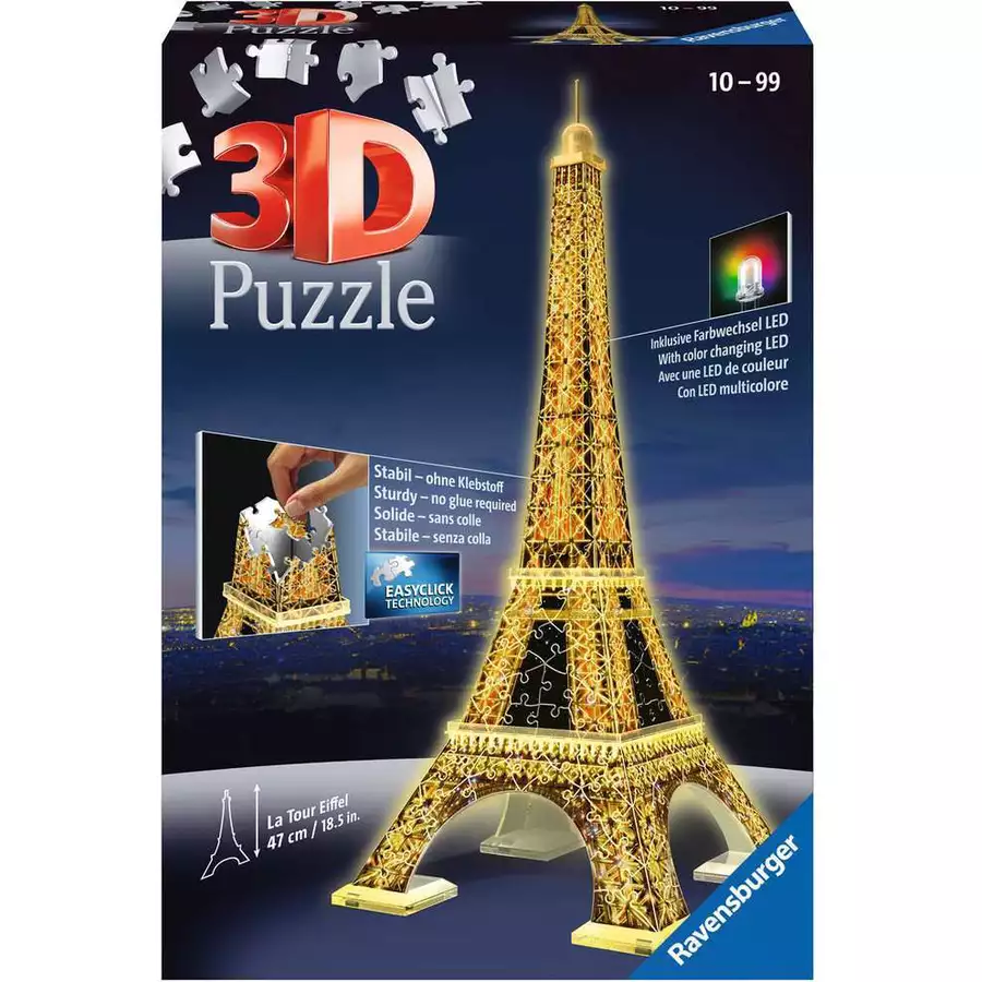 Ravensburger Eiffelturm bei Nacht bunt