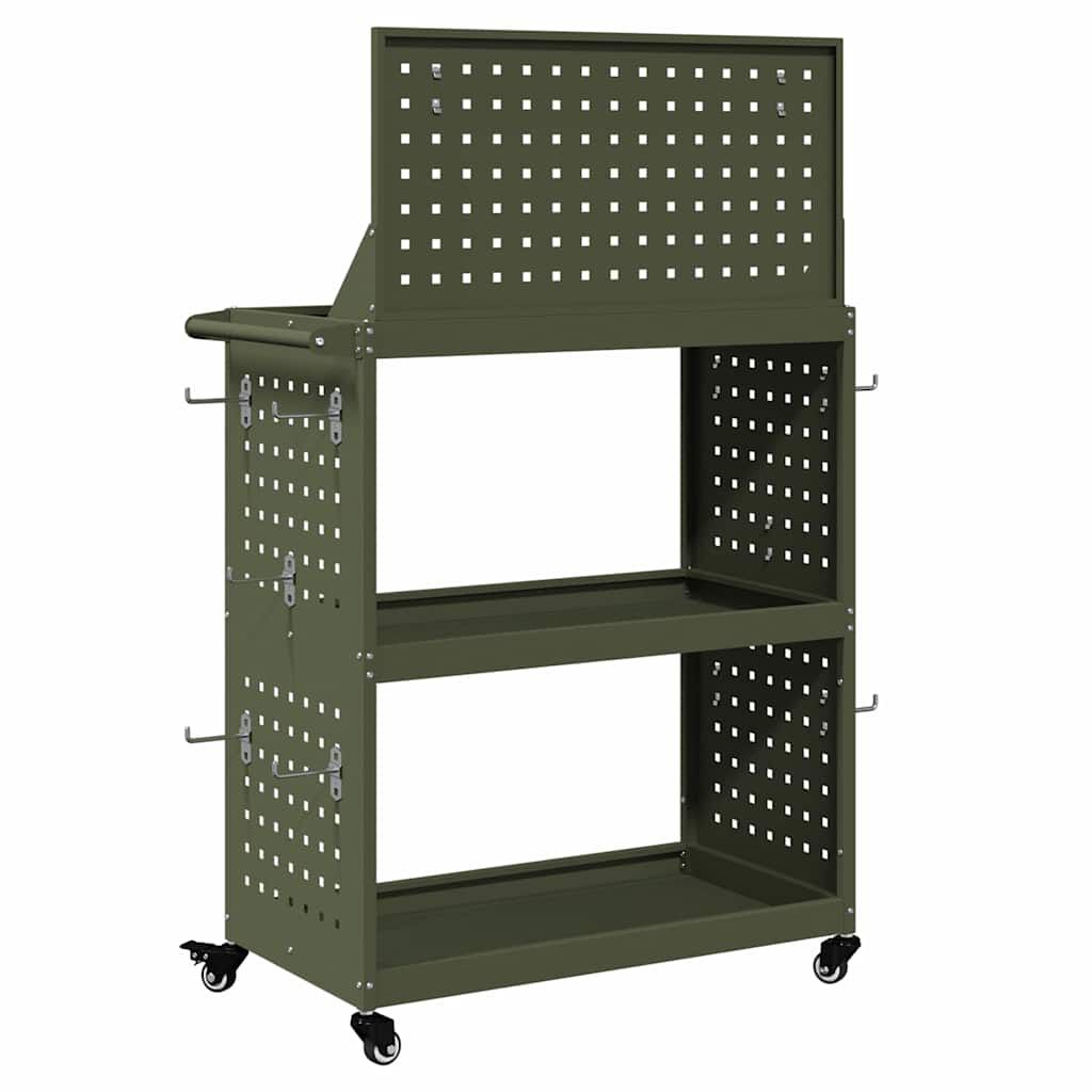 vidaXL Gereedschapswagen met plank en wiel olijfgroen 65 x 35 x 111 cm