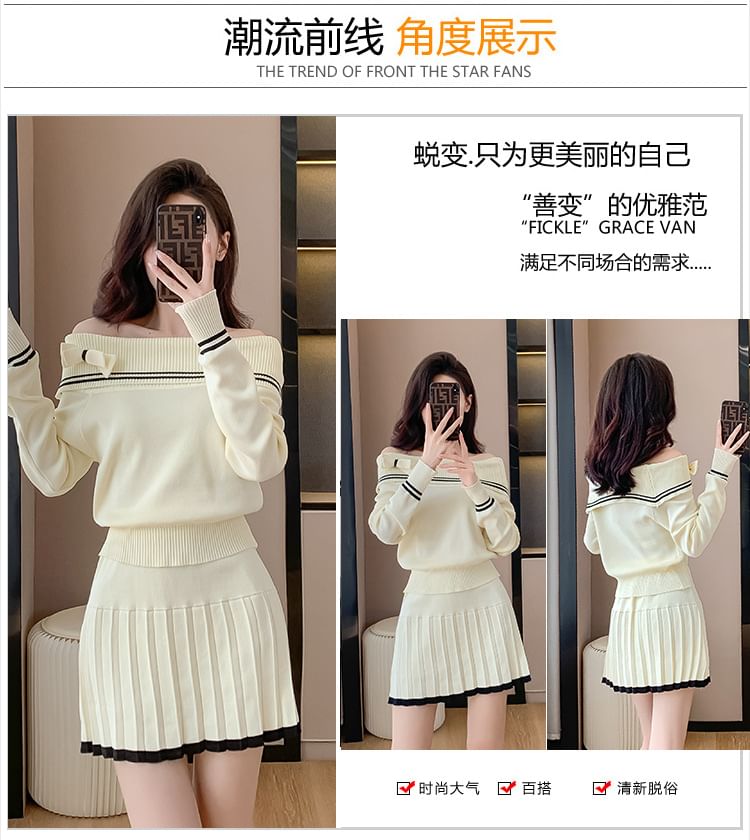 Odestra - Set: Off-Shoulder gestreepte striktrui + High Waist geplooide mini A-lijn rok