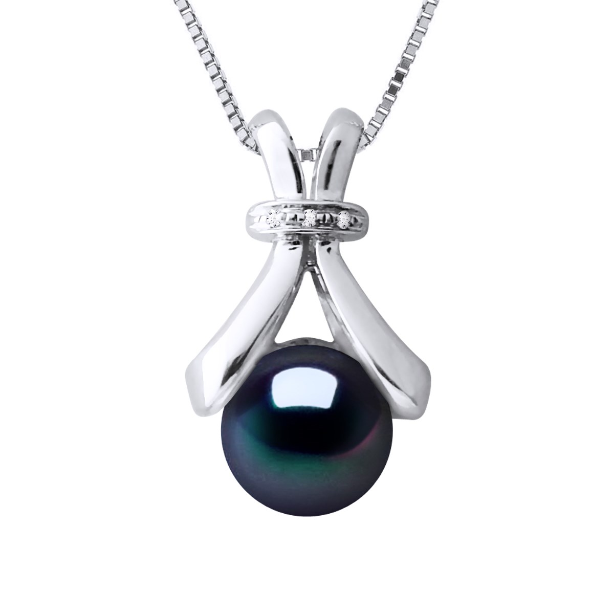 Pendentif Diamants 0,010 Cts Perle de Culture d'Eau Douce 6-7 mm Noire Or Blanc