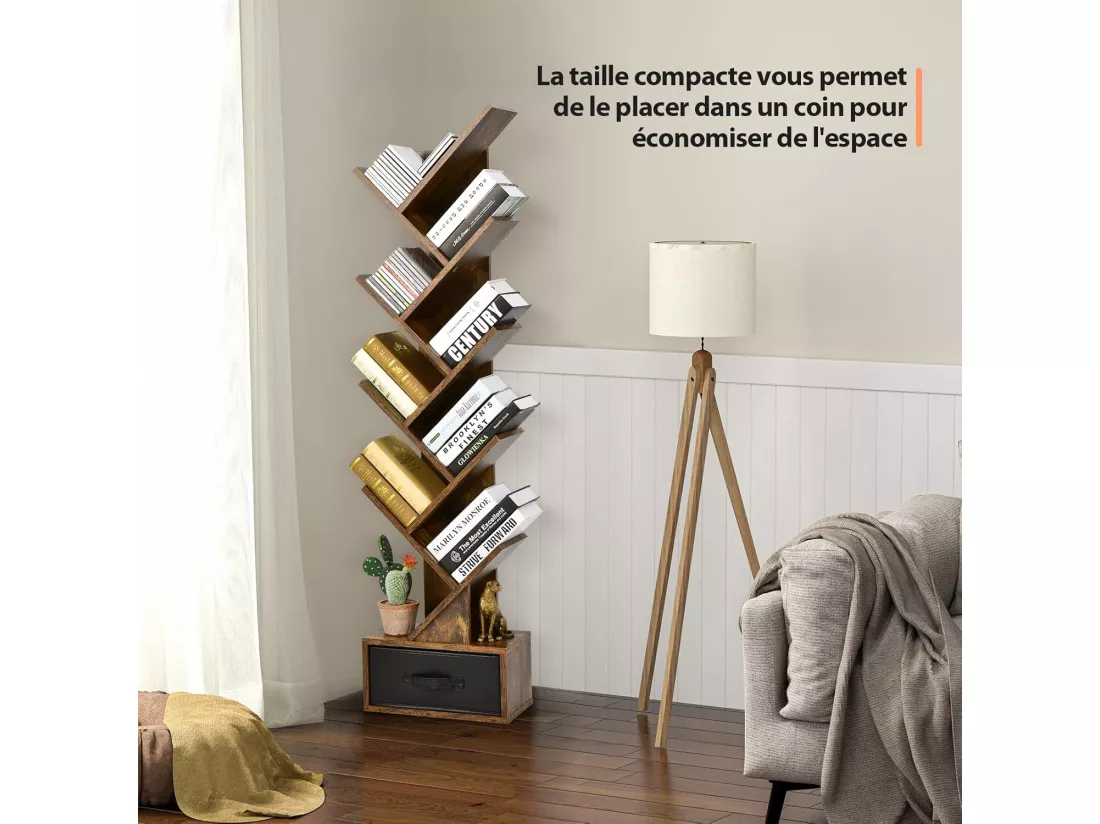 Bibliothèque à 8 niveaux en forme arbre avec tiroir tissu amovible, marron