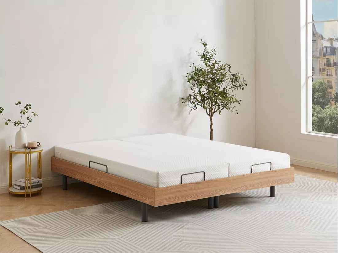 Sommier électrique de relaxation déco lattes et 2x30 plots - 2 x 90 x 200 cm - Chêne naturel - CISERANO de YSMÉE