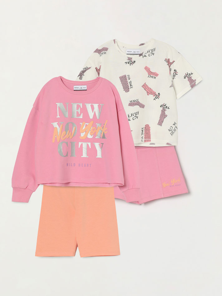 Conjunto de 4 peças composto por moletom, camiseta, shorts e leggings - Rosa Chiclete