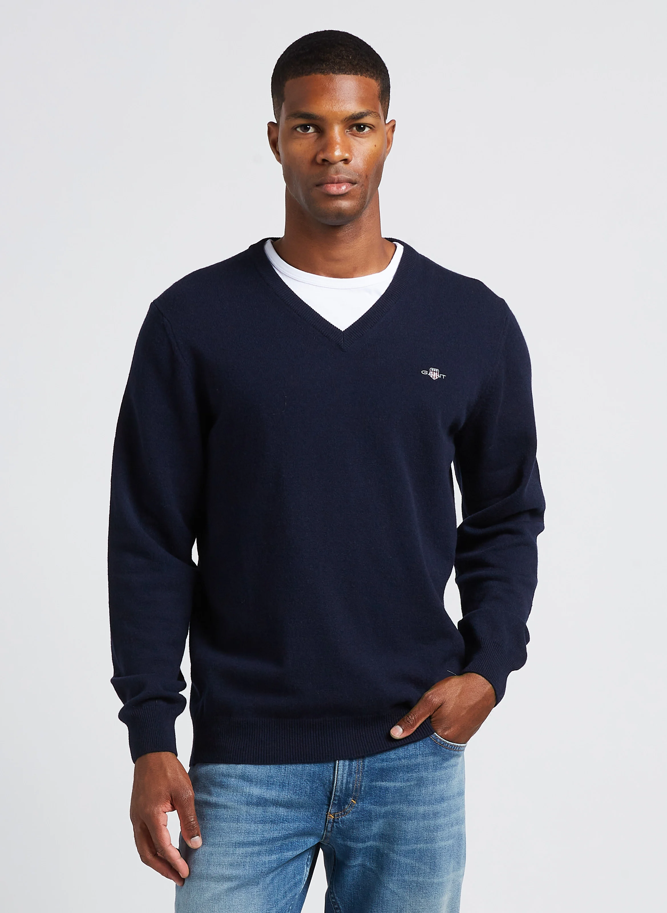 Pull droit col V brodé en laine | Bleu