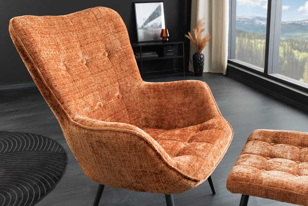 Design Sessel SCANDINAVIA rost braun Chenille Cremona schwarz Metall mit Armlehne