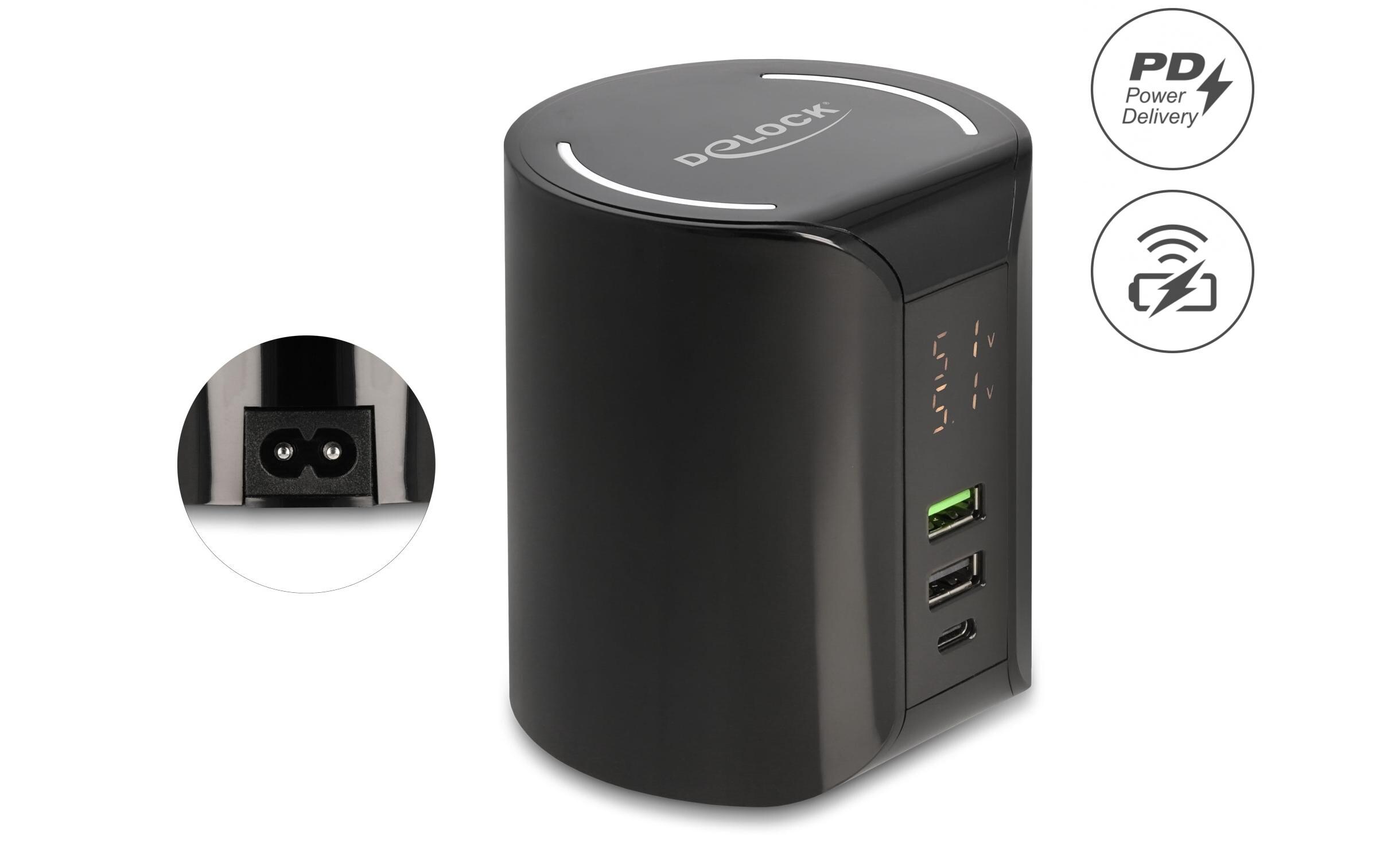 Ladestation 1x USB Type-C, 2x USB Type-A mit WirelessDelock USB und kabelloses Ladegerät 1 x USB Type-C PD + 2 x USB Typ-A mit 58 W