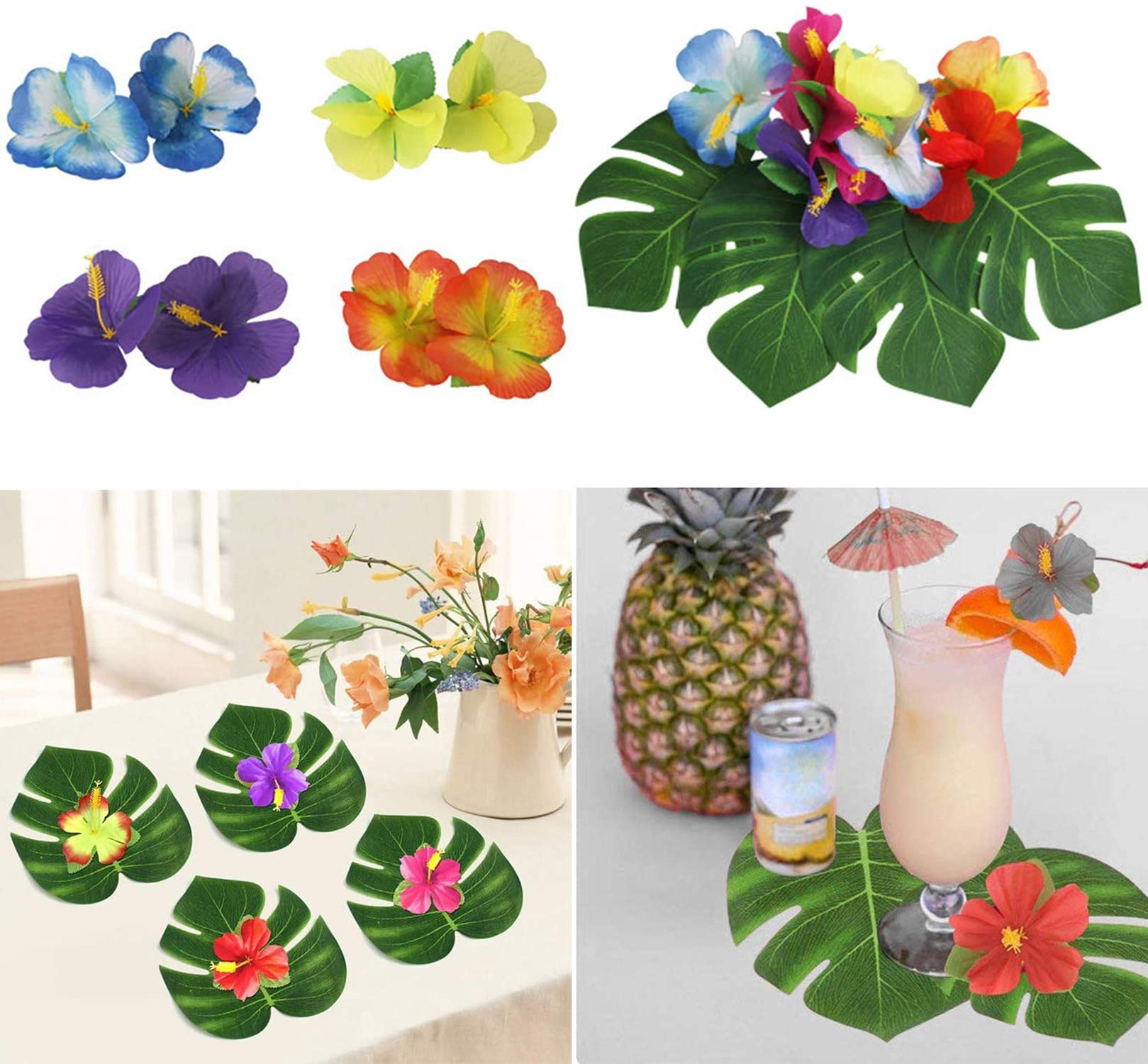 (51-tlg. Set) Deko Kunstblätter Sommer Party Tisch Deko Palmenblätter / Hibiskusblüten - Tropical Hawaii