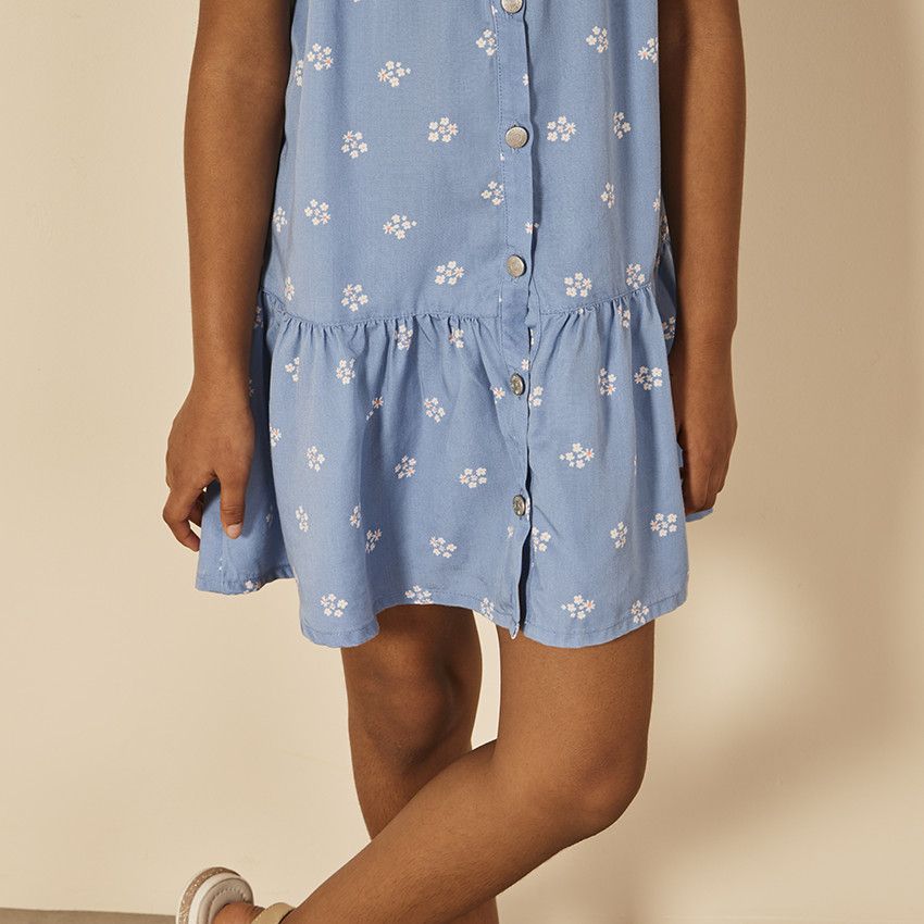 Robe manches courtes volantées imprimé fleurs pour fille - Bleu