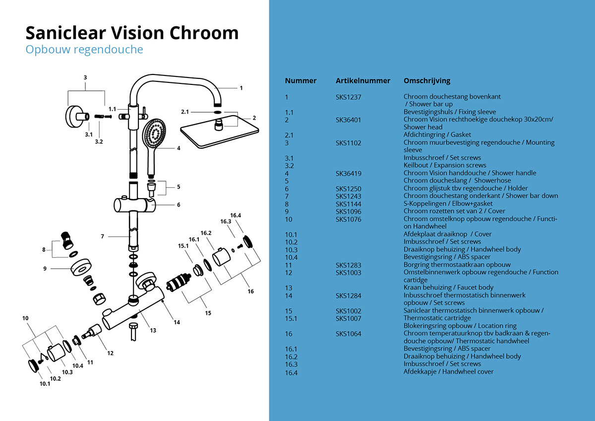 Saniclear Vision opbouw regendouche met 20x30cm hoofddouche chroom