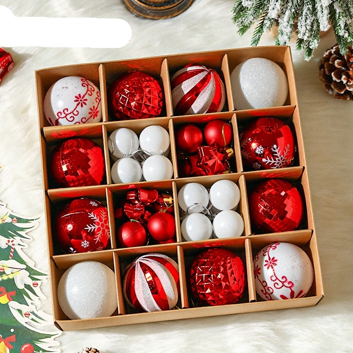 (44er Set) Christbaum Schmuck Glitzer Weihnachtskugeln Tannenbaum Aufhänger Home Deko - Rot / Weiss