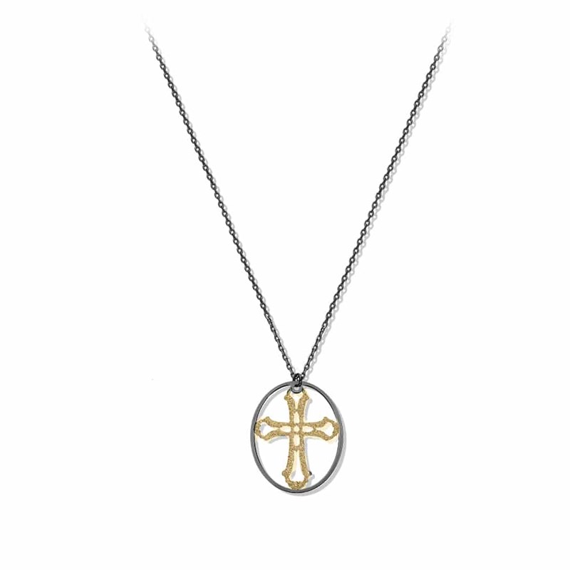 Collier Croix Argent Noir Glitter Doré