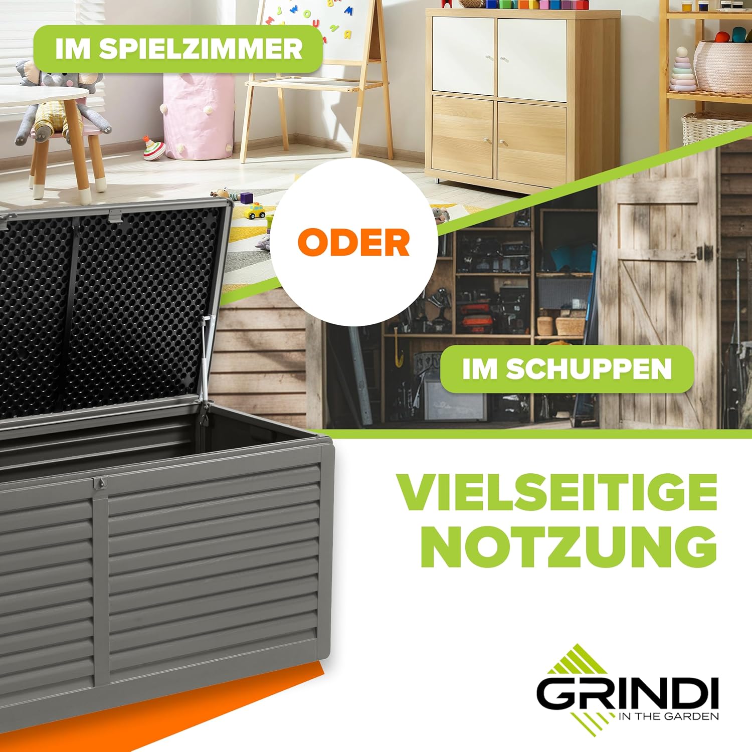 Grindi - Aufbewahrungsbox mit Deckel - Auflagenbox Columba - Gartenbox - Kissenbox 490 L - Outdoor Schrank - Paketbox - Sitzbank mit Stauraum - Gartenhaus - Geräteschuppen - Truhe mit Deckel