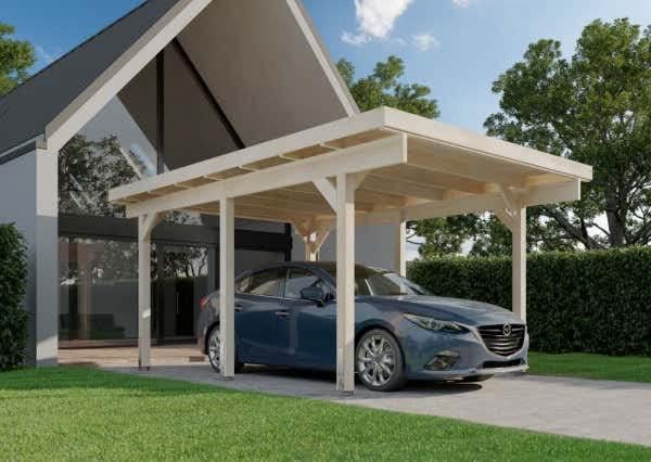 Einzelcarport Malmö aus Holz mit Dacheindeckung 26,1 m², Unterstand für Auto B 358 x T 730 x H 241 cm, Überdachung Komplettbausatz 125 kg/m²