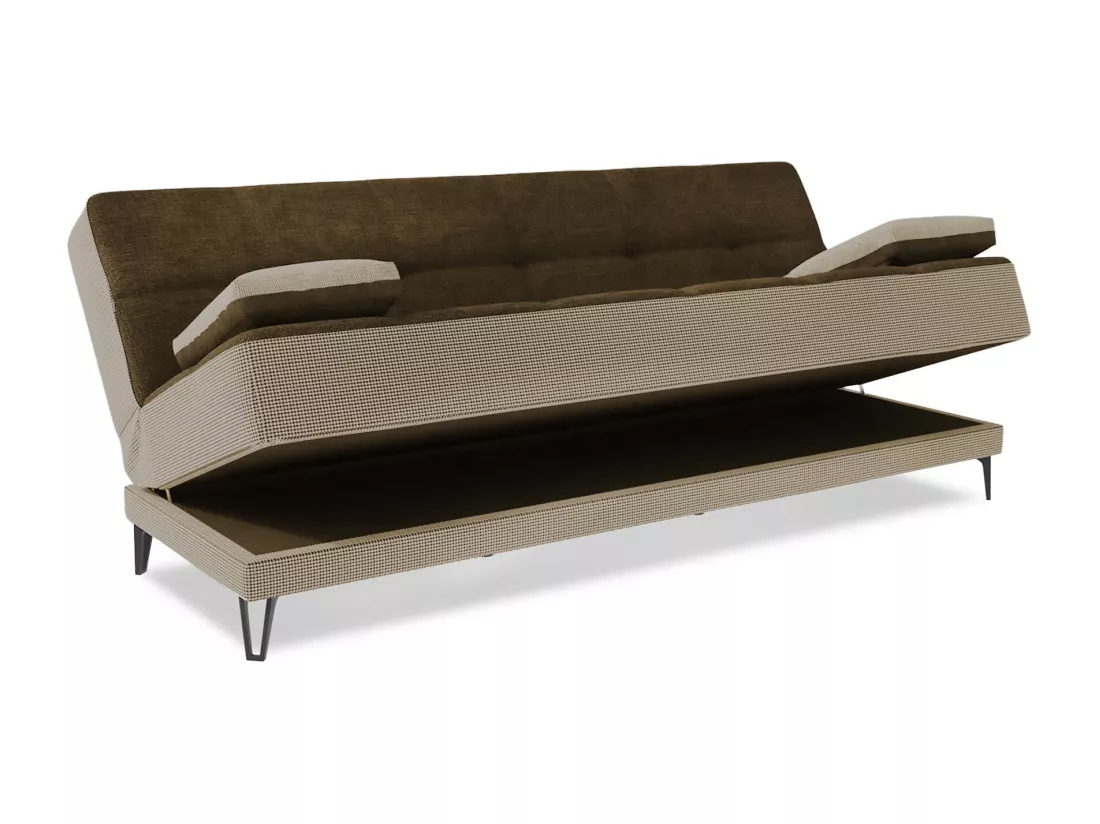 Canapé Jordi, Canapé 3 places avec pieds en métal noir, Canapé de salon en tissu rembourré avec ouverture clic-clac, 190x87h97 cm, Gris et Marron