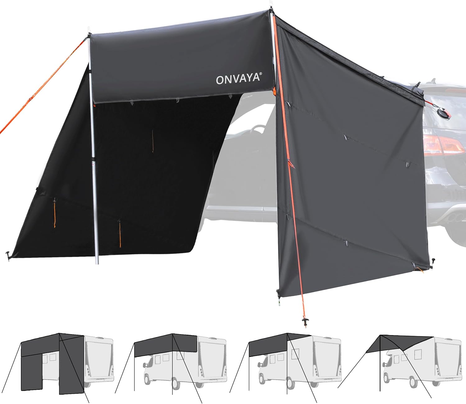 ONVAYA® Auto-Sonnensegel | Grau | Schutz vor Wind, Regen, Sonne (UV99) | 6 Aufbauvarianten | Schneller und einfacher Aufbau | Für PKW, Van und Wohnmobil