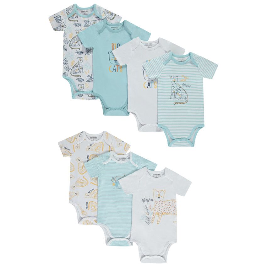Lot de 7 bodies manches courtes motifs félins pour bébé garçon avec ouvertures différentes selon l'âge - Bleu