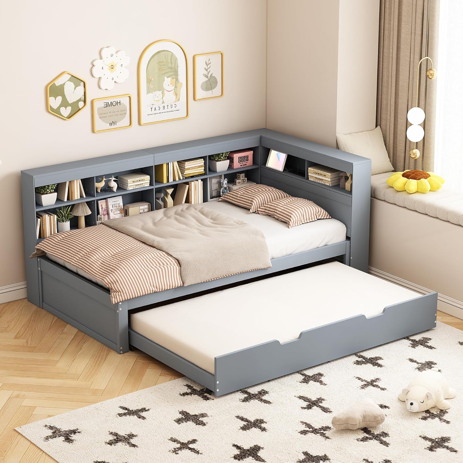Schlafsofa 90x200, Ausziehbares Bett 90x190 mit USB-Steckdose und Mehreren Ablagefächern, Massivholzbett, Einzelbett, Holz-Multifunktionsbett (Grau)