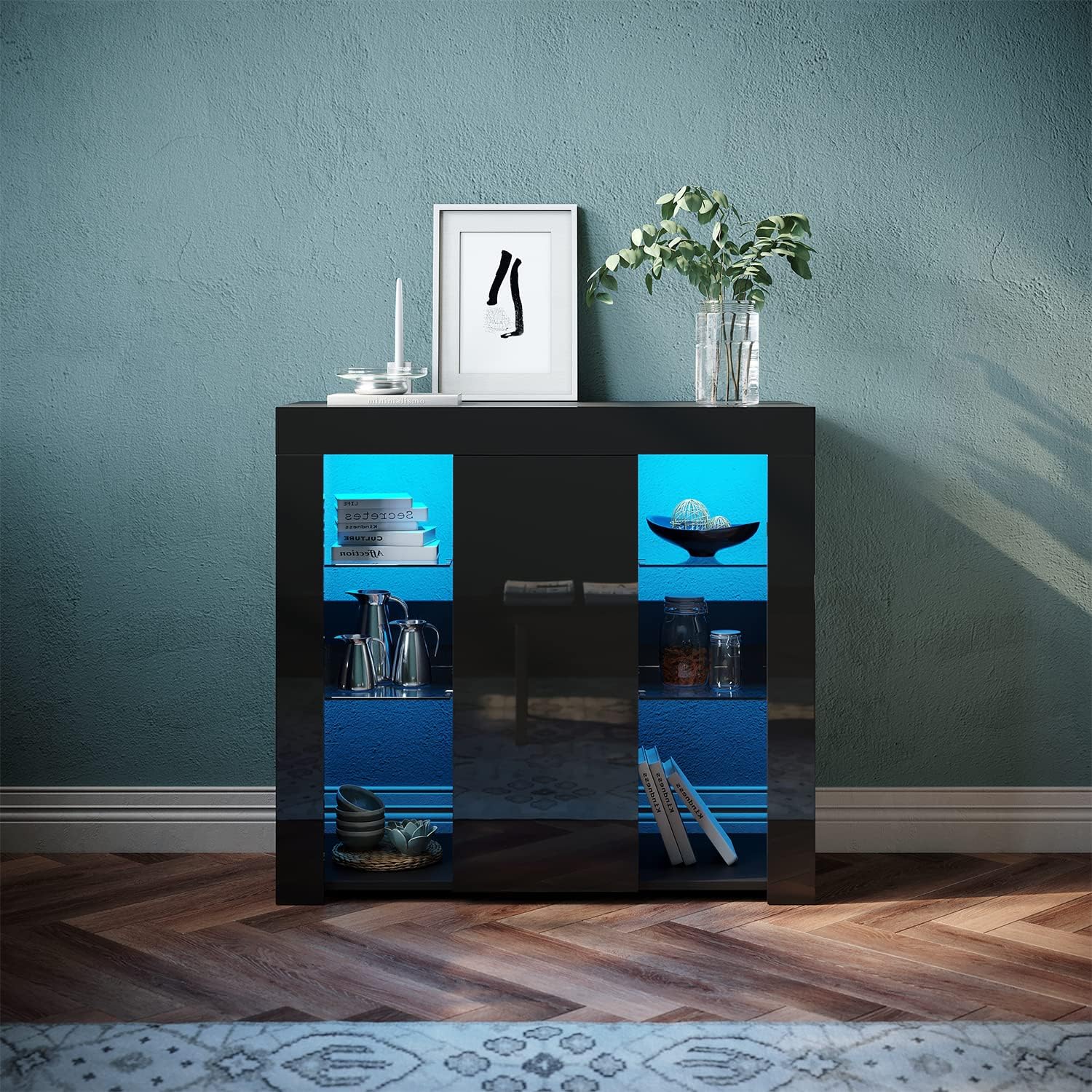 SONNI Sideboard, Küchenschrank, mit LED Beleuchtung(12 Farben können eingestellt Werden) Schwarz Hochglanz Aufbewahrungsschrank, für Küche,Wohnzimmer, 90(B)*35(T)*83(H) cm