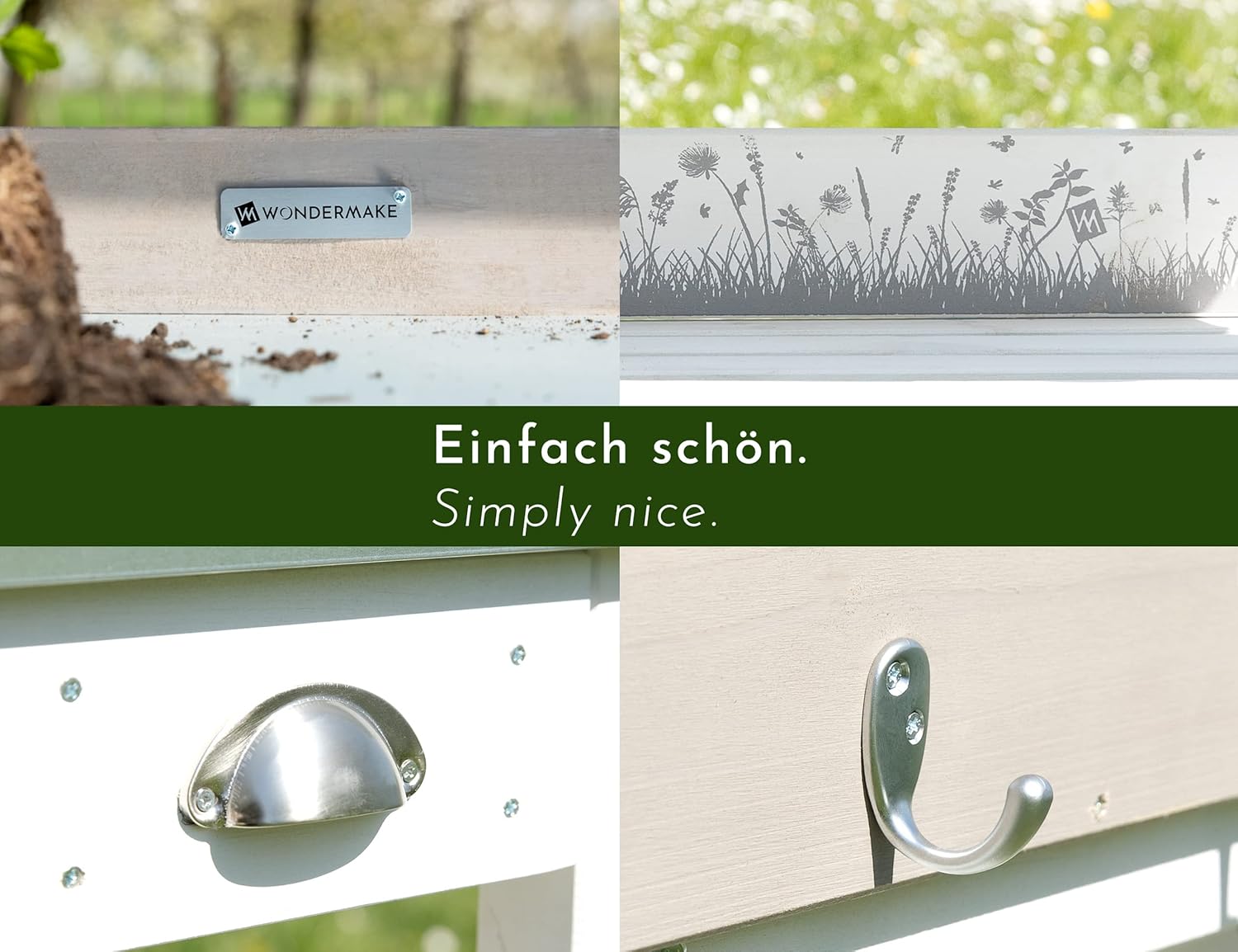 Großer Pflanztisch weiß mit 3 Schubladen aus Holz wetterfest, Garten-Arbeitstisch XL für Outdoor draußen Balkon hochwertig, Gärtnertisch, 85 x 45 x 130 cm, weiß grau