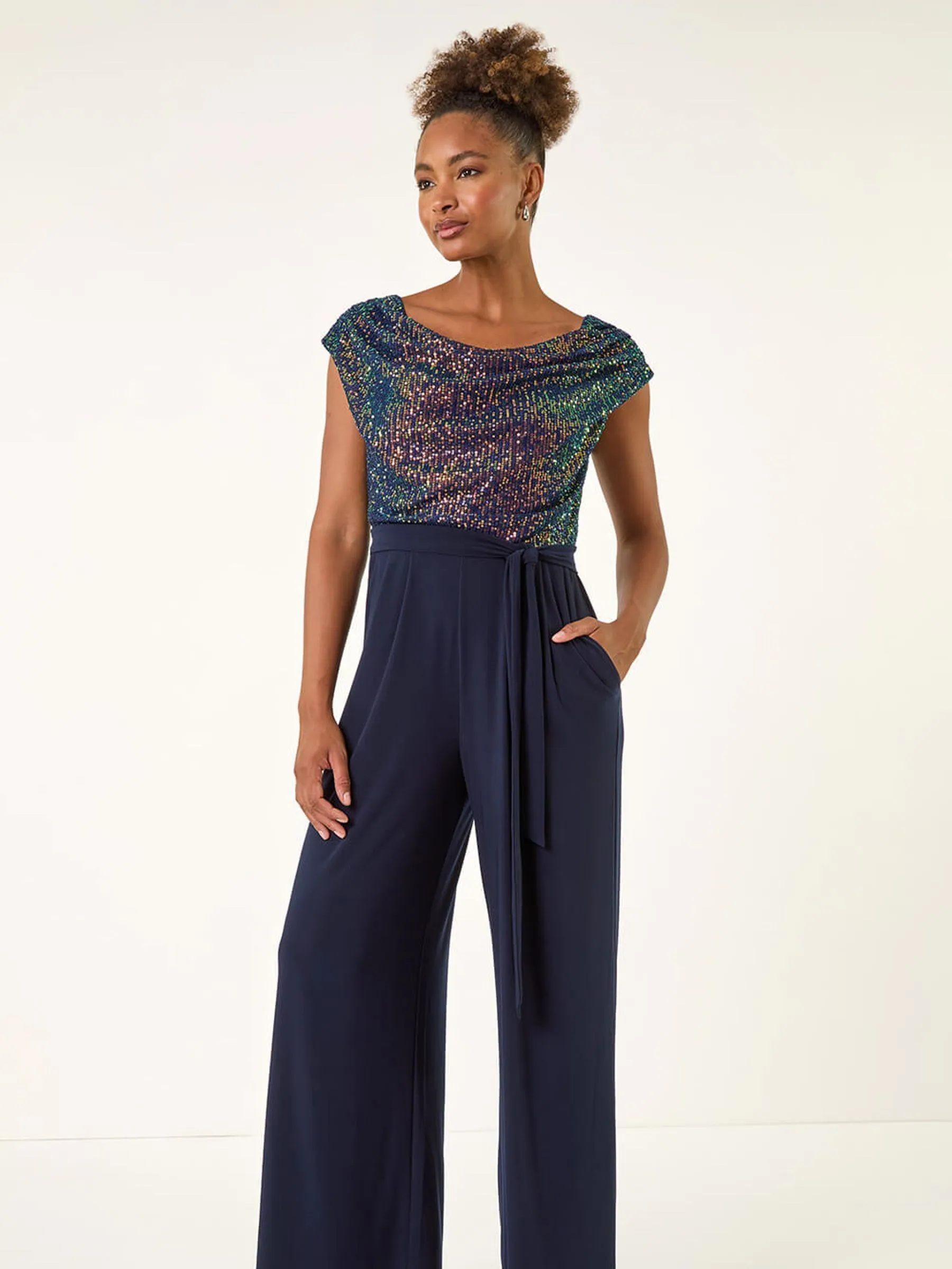 Blauw - Roman Paillettenlijfje met Watervalhals Jumpsuit