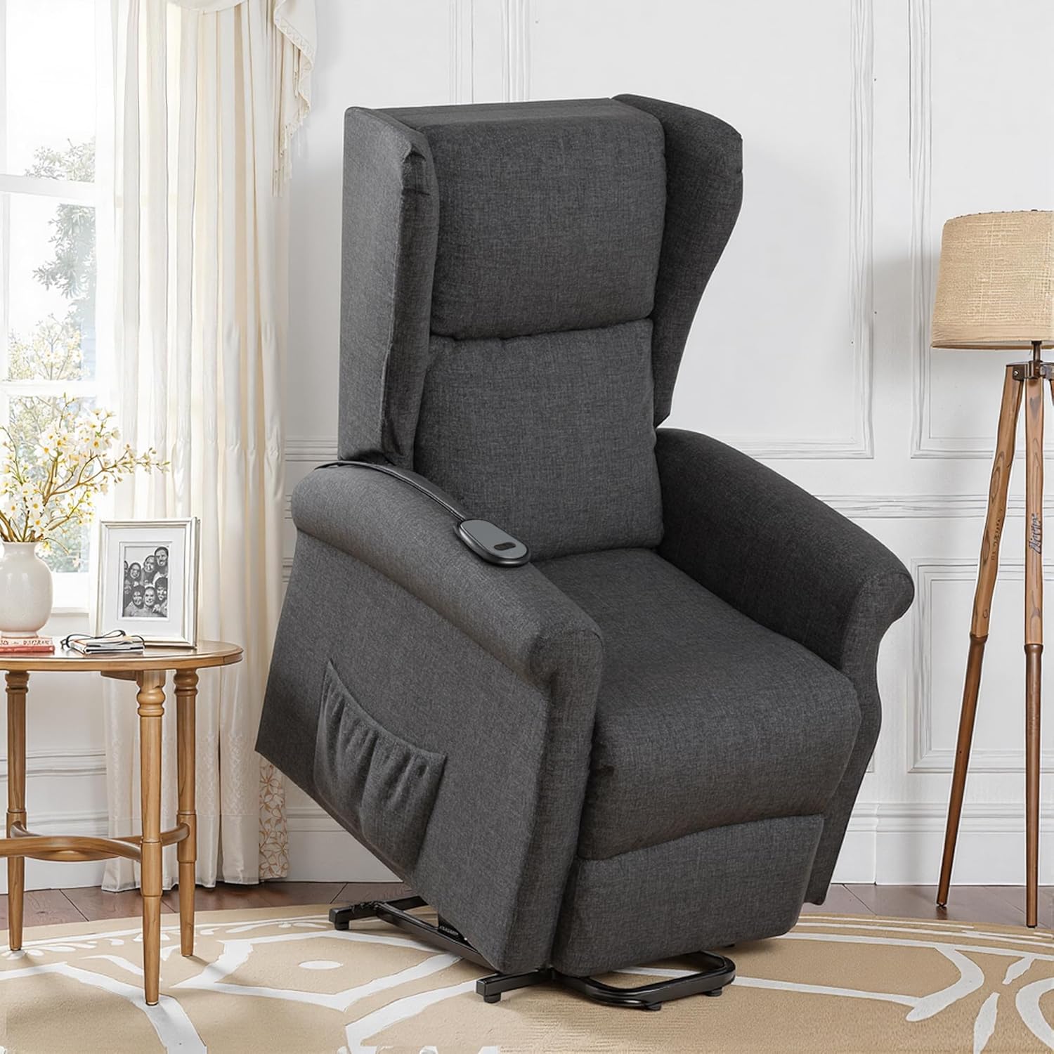 Elektrischer Aufstehsessel, Fernsehsessel mit Aufstehhilfe, Relaxsessel mit Liegefunktion, Liegesessel für Senioren, mit Fernbedienung, Fußstütze, Sesselsofa, Dunkelgrau