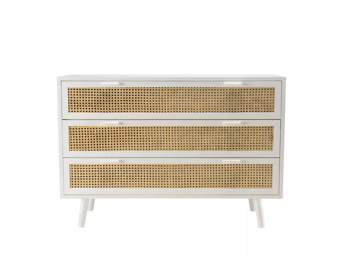 SANDRO - Commode blanche 3 tiroirs cannage naturel