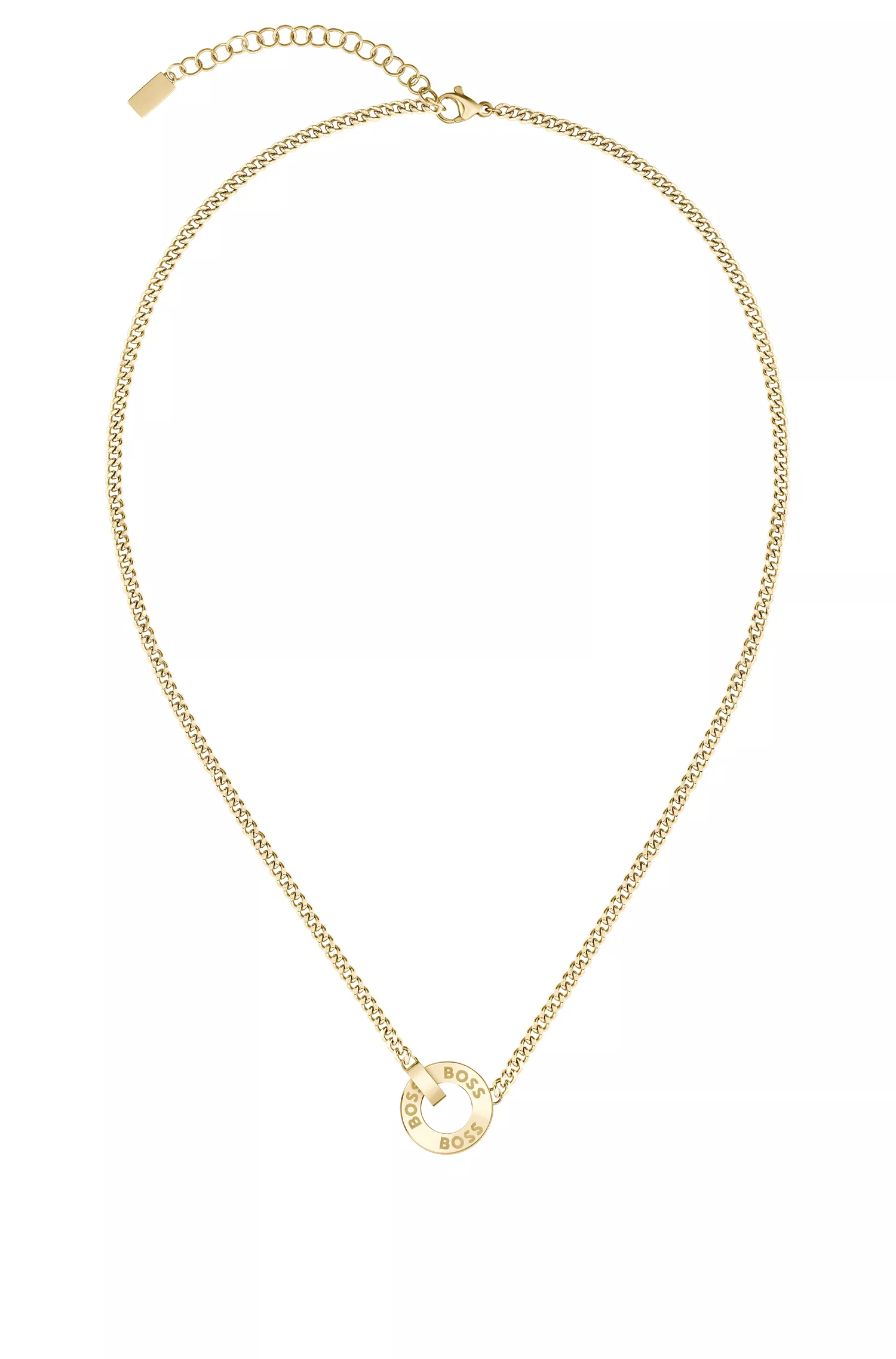 Colar BOSS em tons de preto e dourado com pingente cravejado de cristais.