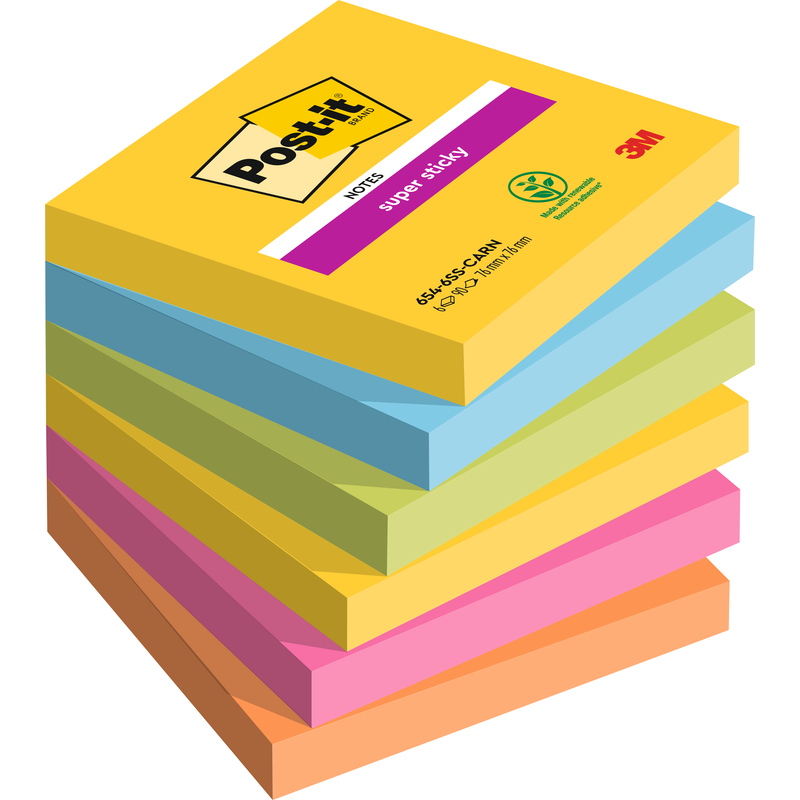 Post-it Haftnotizen Super Sticky Carnival, 76 x 76 mm, 6 x 90 Blatt