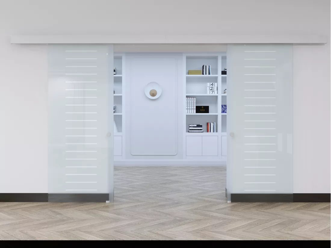 Porte coulissante double avec système en applique - 2 x H205 x L83 cm - Verre trempé dépoli - ASTANA