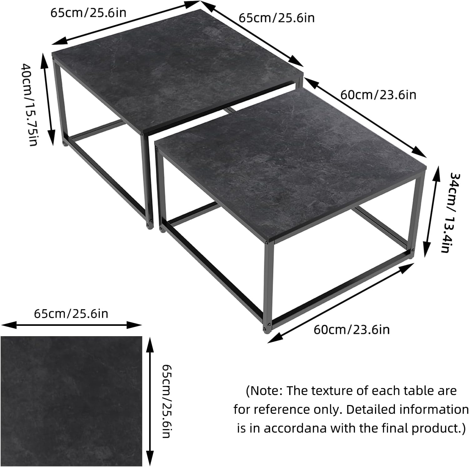 FATIVO Couchtisch Schwarz Marmor Wohnzimmertisch: beistelltisch 2er Set modern sofatisch quadratisch mit metallgestell für Wohnzimmer groß:65×65×40cm klein:60×60×34cm