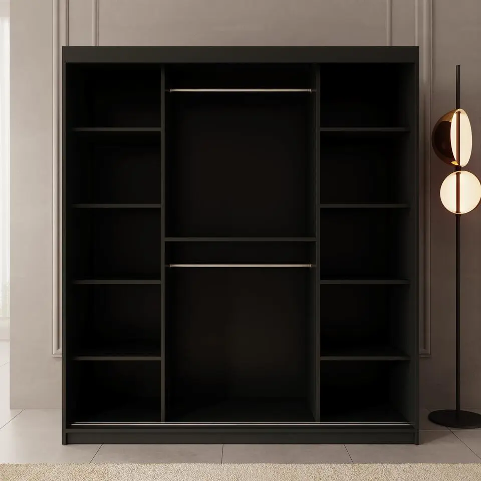 Meubella - Kledingkast Bodhi - Zwart - 180 cm - Met spiegel