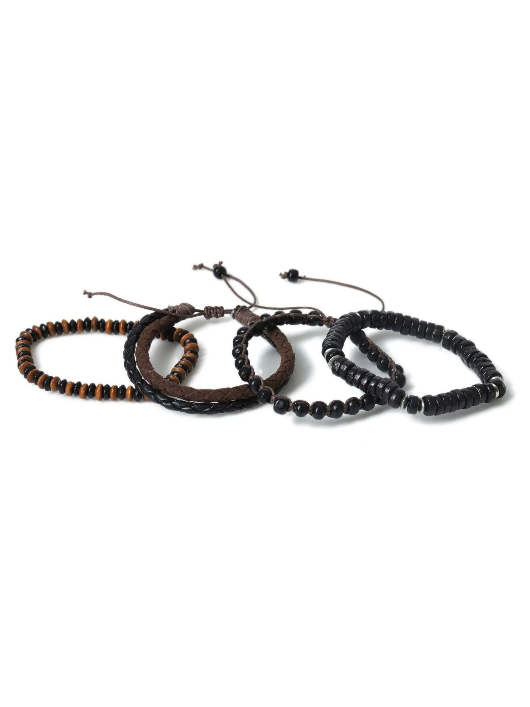 DCK Mens Wooden And PU Chocolate Brown Bracelets Mulitpack