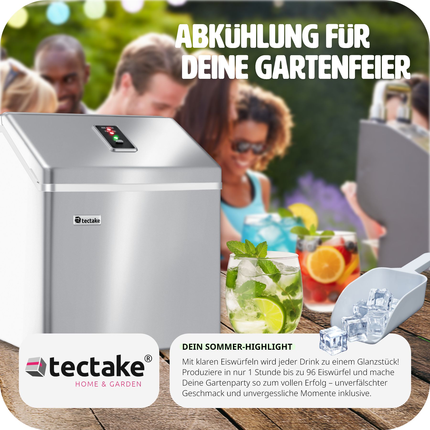 tectake® Eiswürfelmaschine, für klare Eiswürfel, 2,2 l Wassertank, 13 kg in 24 h, inklusive Eiskorb und Eisschaufel