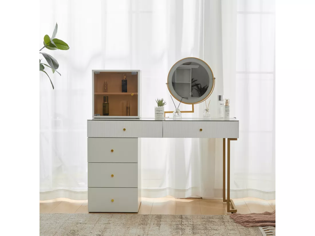 Coiffeuse avec miroir, 5 tiroirs et une porte en verre - 120 x 45 x 115 cm - Panneau de particules - LEDs - Blanc (sans tabouret)