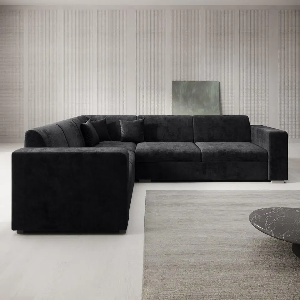 Meubella - Hoekbank Santana - Zwart - Velvet - Links